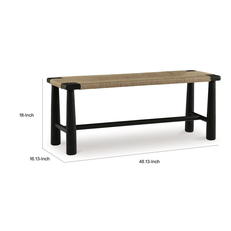 Accent Bench, 48 Inch, Handwoven Natural Brown Jute, Black Solid Wood - Benzara