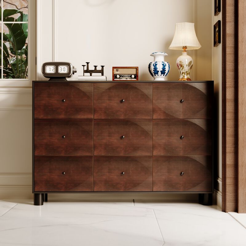 FUFU&GAGA Modern Dark Brown 9-Drawer Buffet Cabinet, Stylish Storage for Dining Room or Kitchen (59"W x 40.6"H x 15.2"D), Dark Brown