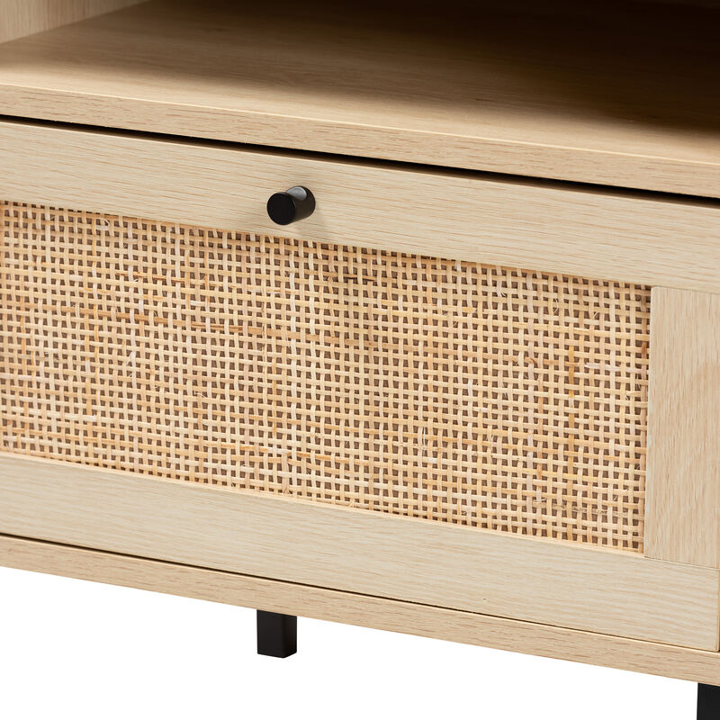 Baxton Studio Caterina Natural Brown Finished Wood and Natural Rattan 1 Door End Table