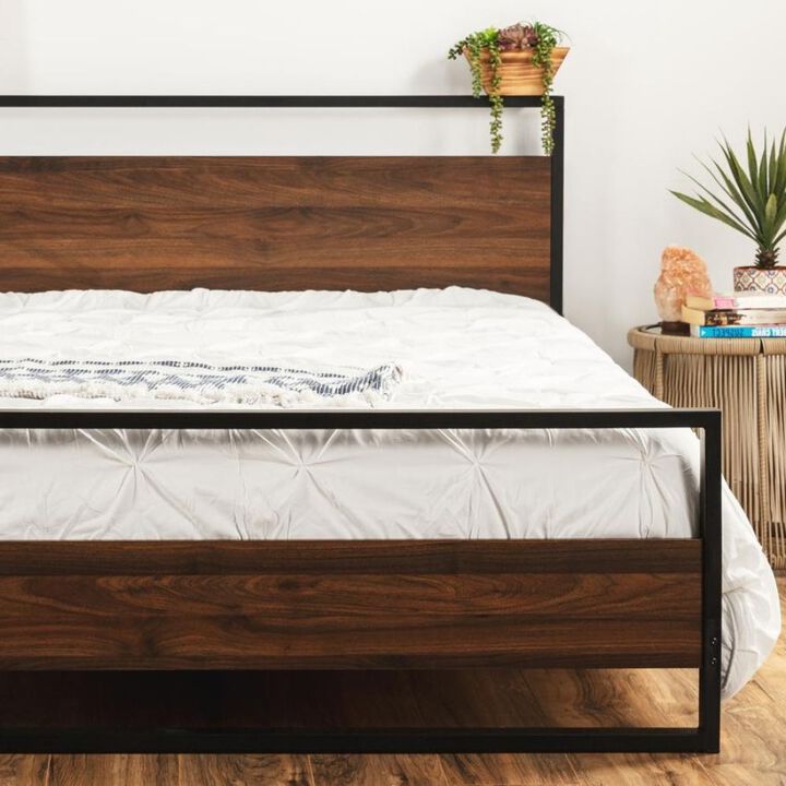 Hivvago Modern FarmHome Queen Low Profile Metal Wood Platform Bed
