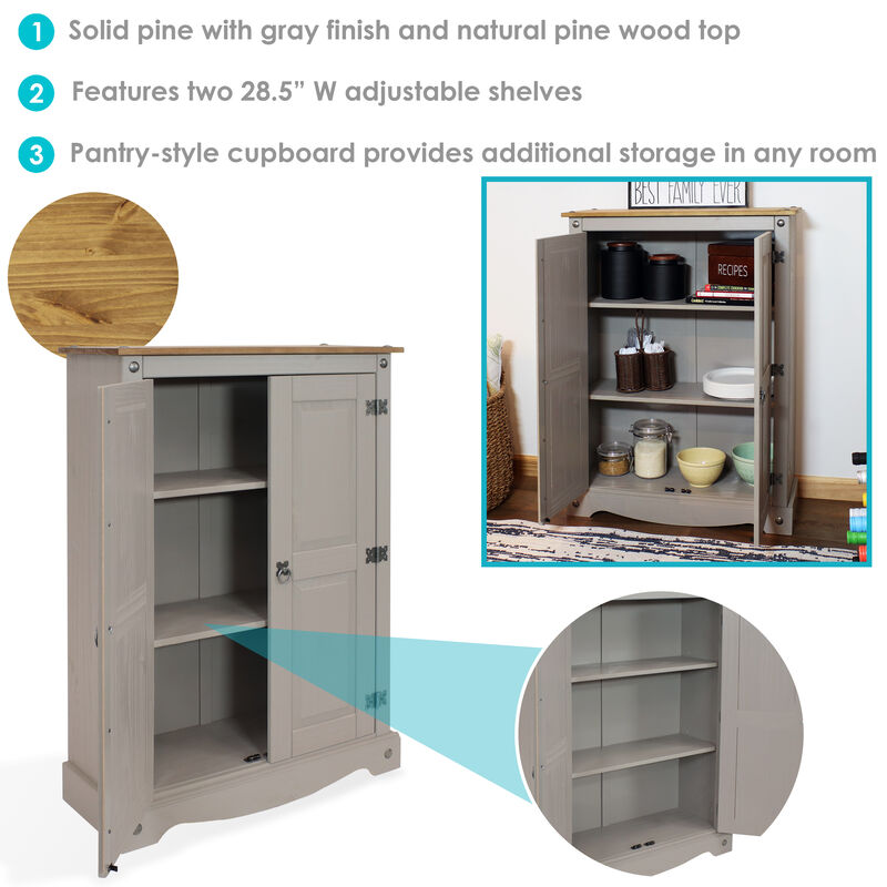 Sunnydaze 2-Door, 2-Shelf Solid Pine Accent Cupboard - Gray - 43 in