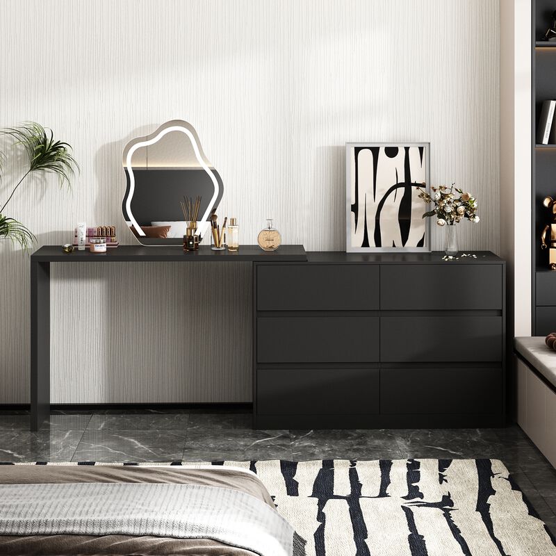 6-Drawer L-Shaped Dresser in Black with Rotatable Desk 47.2 in. W x 51.2 in. D x 32.7 in. H