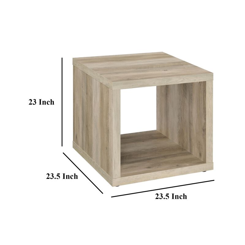 Rizz Side End Table, Square Cube Design Shelf, 23 Inch Light Brown - Benzara