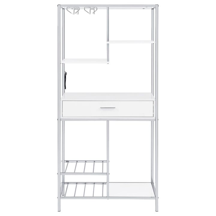 Roa 67 Inch Wine Bar Storage with 5 Shelves, 1 Drawer, White, Chrome Metal - Benzara