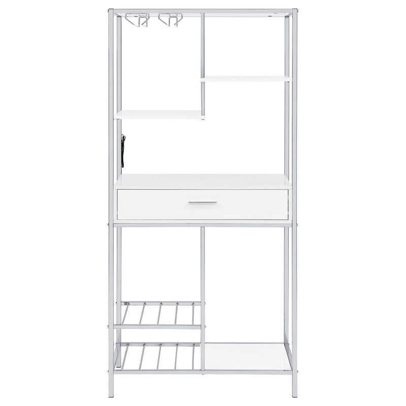 Roa 67 Inch Wine Bar Storage with 5 Shelves, 1 Drawer, White, Chrome Metal - Benzara