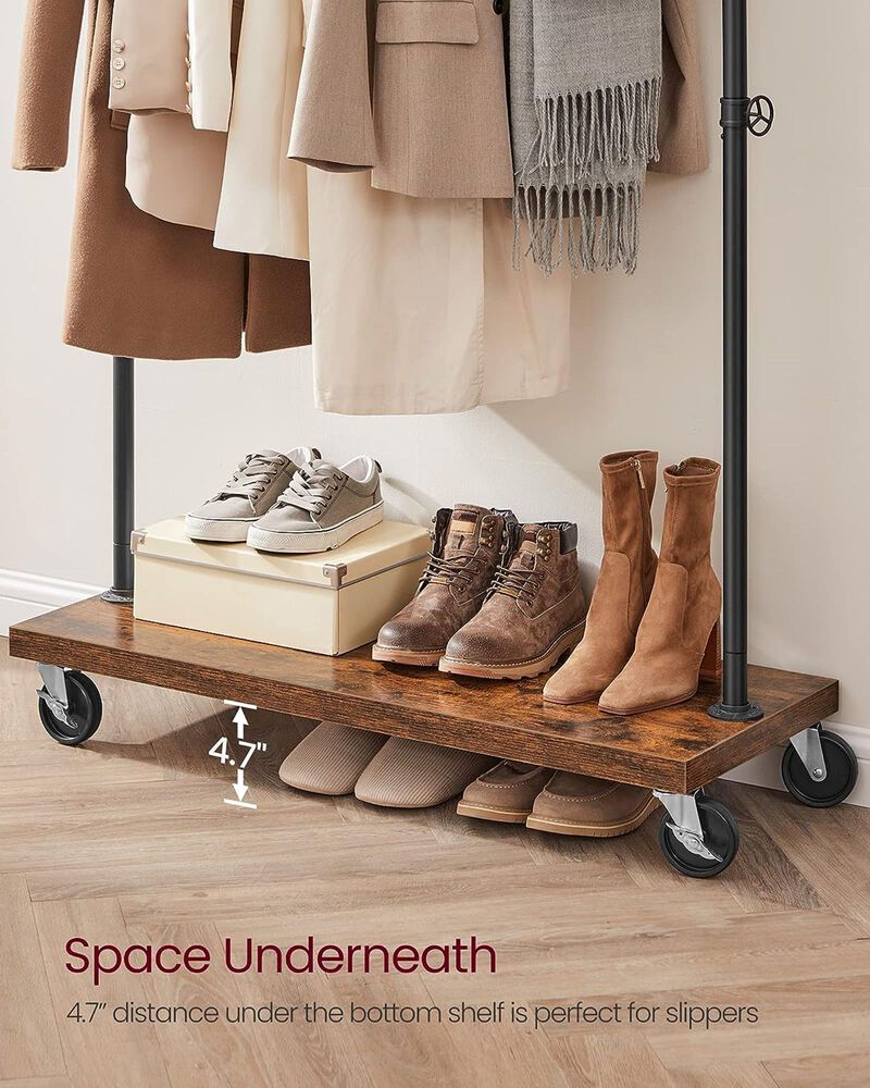 Heavy-Duty Industrial Pipe Style Rolling Clothes Rack with Shelf - Rustic Brown & Black