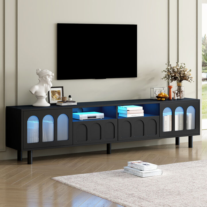 Clihome Cream Style TV Stand with LED Light Strip for TVs Up to 80'', Graceful Entertainment Center with 5 Solid Wood Legs, Large Storage Media Console with Fluted Tempered Glass Doors, Black