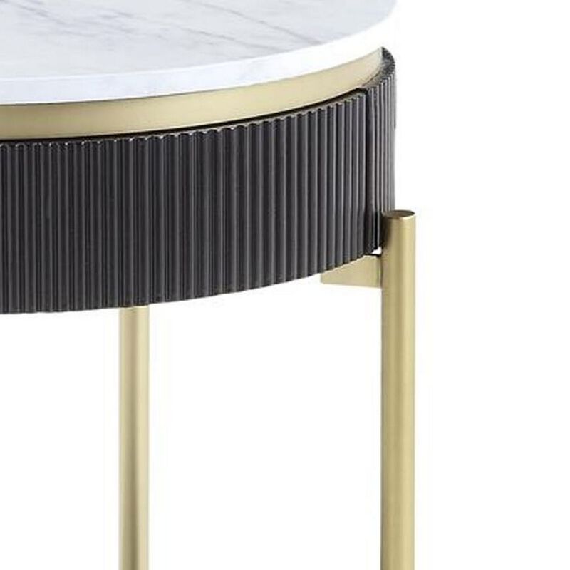Ville 23 Inch Round Side End Table, White Faux Marble Top Brown Reeded Edge - Benzara