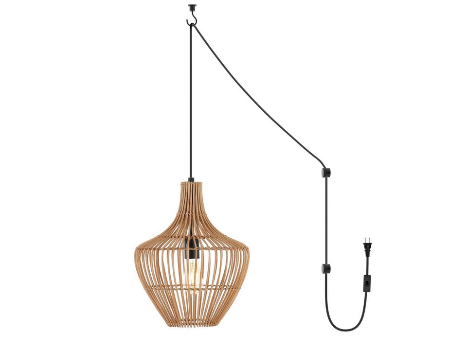 Lucas 1-Light Farmhouse Coastal Rattan 180" Cord Plug-In or Hardwired LED Pendant