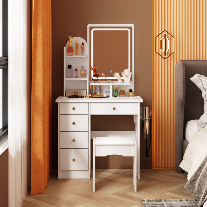 5-Drawers White Makeup Vanity Sets Dressing Table Sets With Stool, LED Lighted Mirror, Power Strip and Hair Dryer Holder