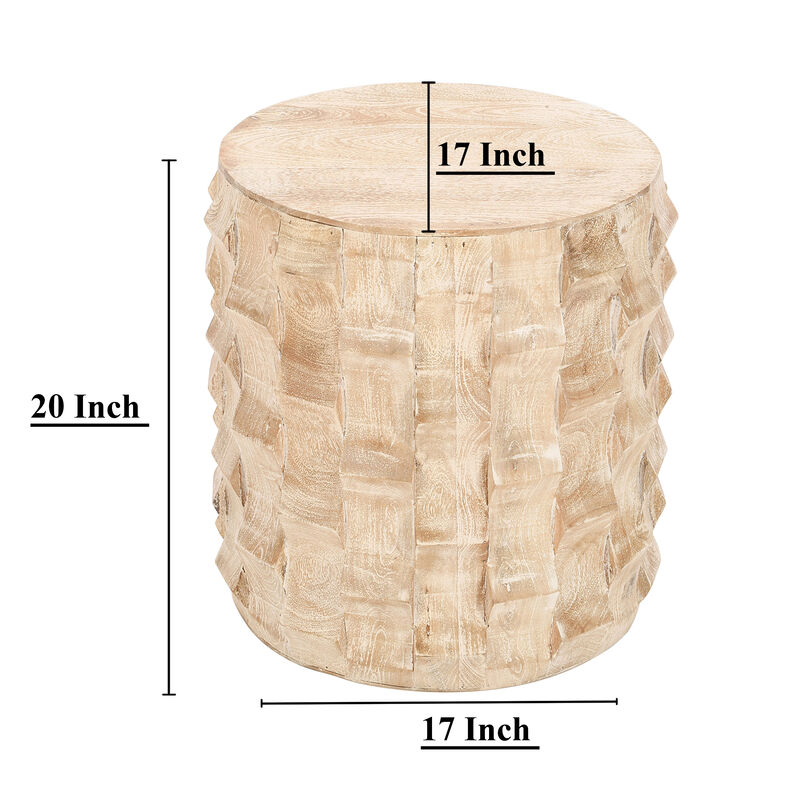 20 Inch Side End Table, Round Drum Shape with 3D Textured Design, Distressed White Finish - Benzara
