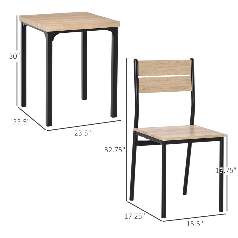 Compact Wood/Steel Dining: 3-Piece Set with Wood Grain Table & 2 Black Chairs