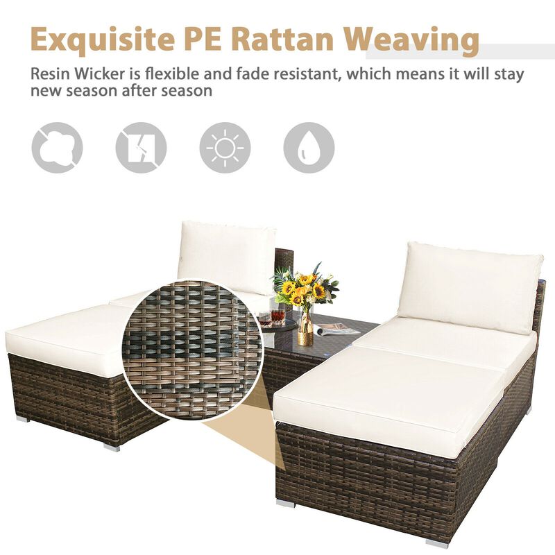 5 Pieces Patio Rattan Furniture Set with Cushioned Armless Sofa