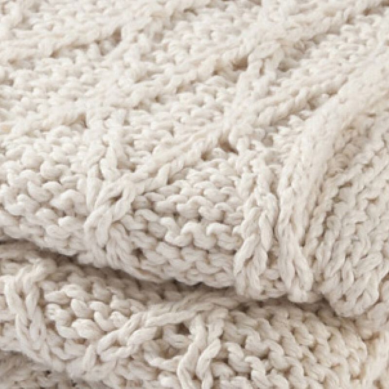 Lyla 50 Inch Cotton Throw Blanket, Hand Knitted Diamond Pattern, White-Benzara