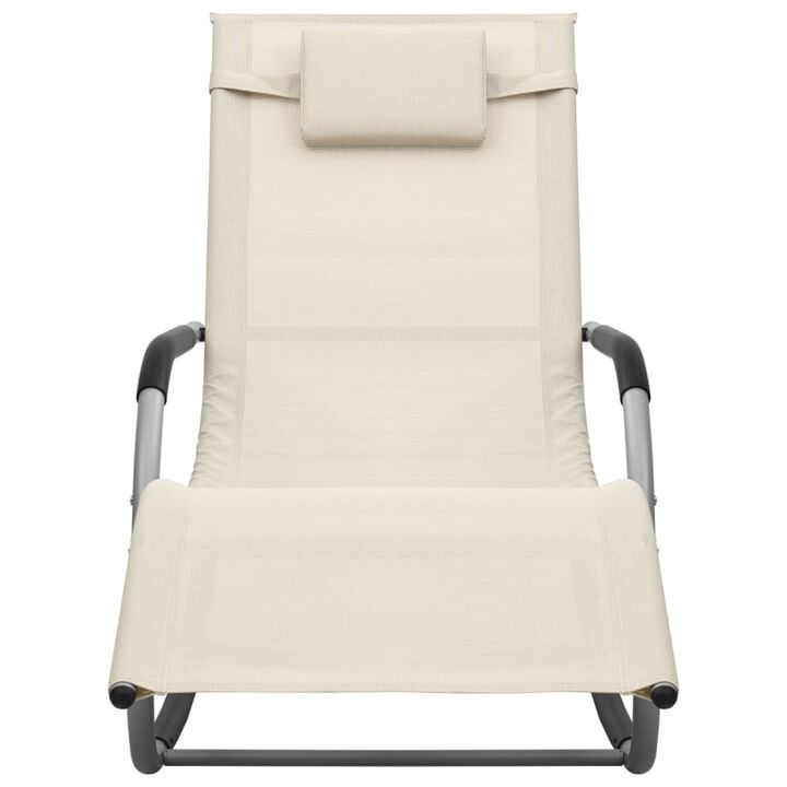 vidaXL Textilene Sun Lounger in Cream and Gray - Weather-Resistant Outdoor Furniture with Pillow and Side Bag -Powder-Coated Steel Frame.