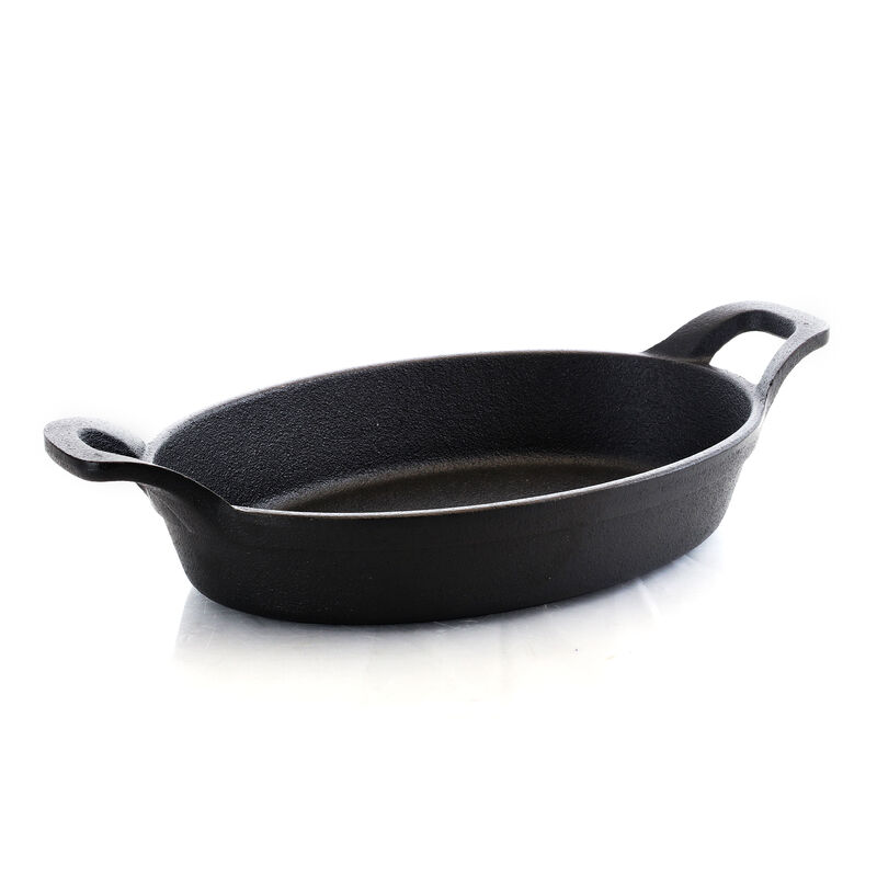 General Store Addlestone 2 Piece 10.5 Inch Pre-seasoned Oval Cast Iron Server with Burned Furwood Base