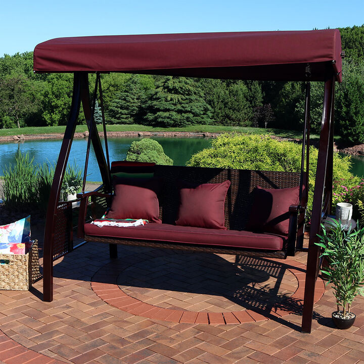 Sunnydaze 3-Person Steel Patio Swing Bench with Side Tables/Canopy