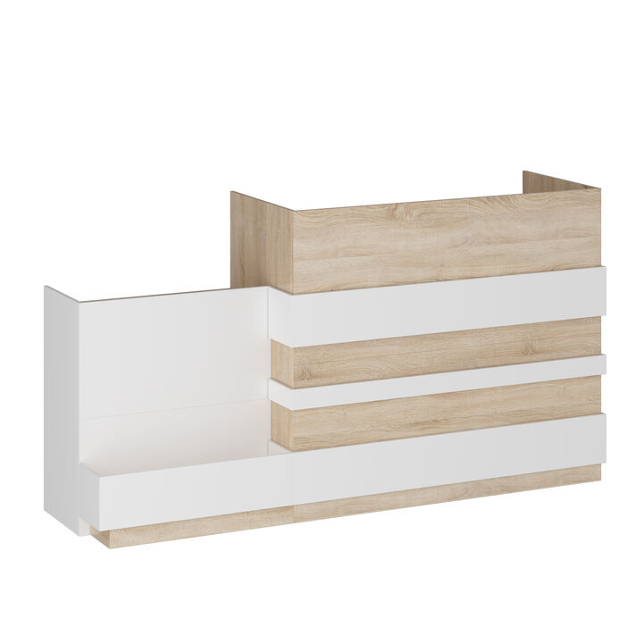 Reception Desk with Drawer & Cabinet, Reception Counter Desk with Keyboard Tray, Front Reception Table Retail Counter for Checkout, for Office Store, Oak and White, 25.2”D x 87.2”W x 47.2”H