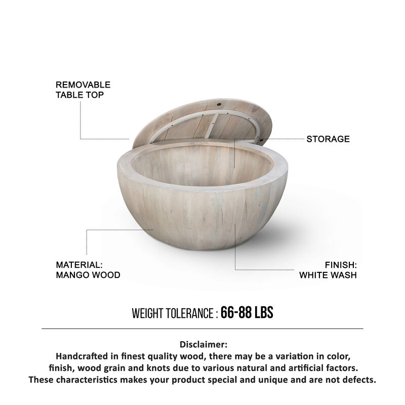 37 Inch Round Coffee Table, Handcrafted Drum Shape with Storage, Washed White Mango Wood - Benzara