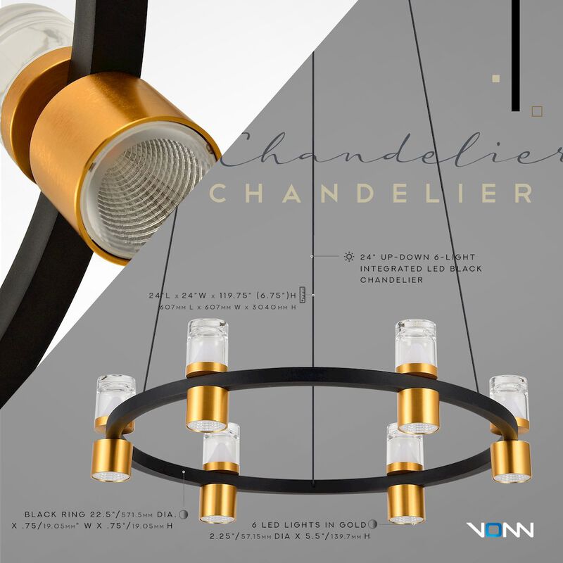 VONN Lighting 6-Light Pendant Lighting Height Adjustable Integrated LED Black Chandelier
