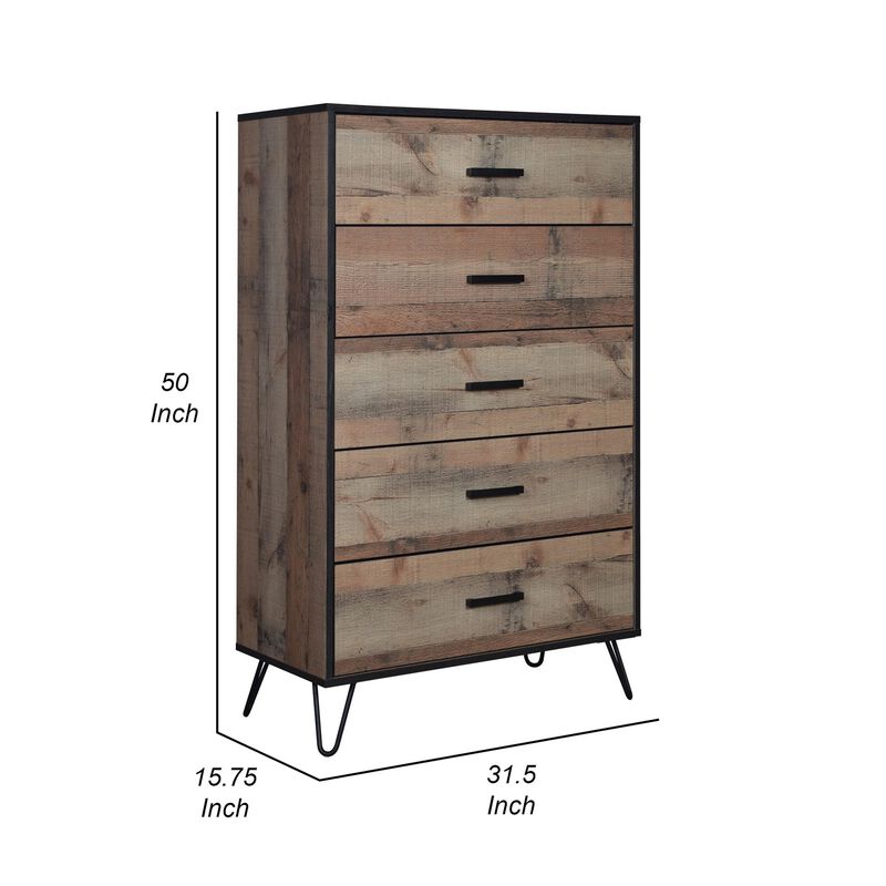 Benjara Lala 50 Inch Tall Dresser Chest, 5 Drawers, Handles, Rustic, Brown, Black