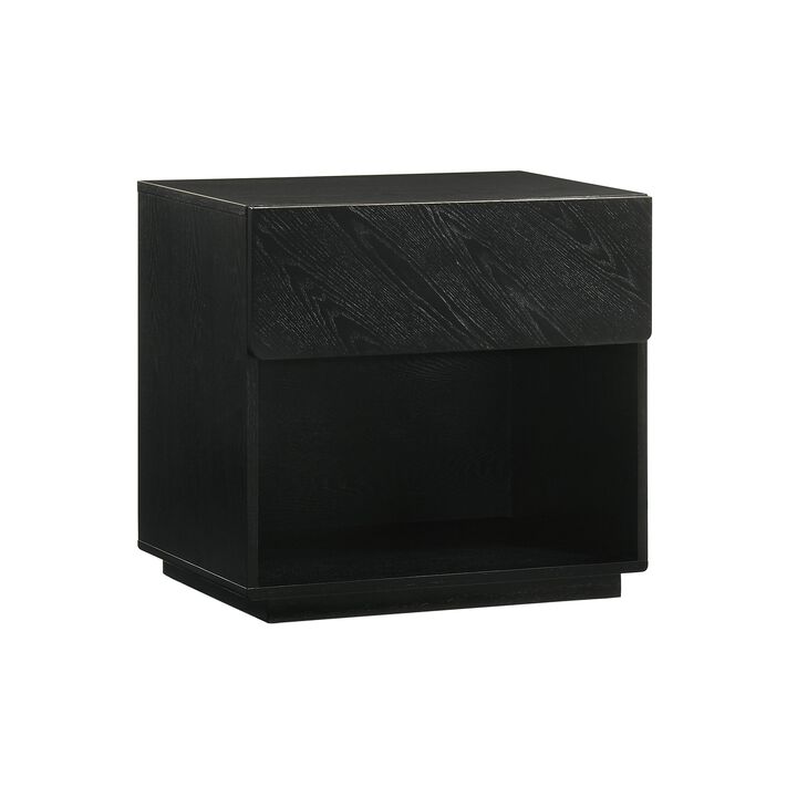 Saly 23 Inch Nightstand with Drawer, Diagonal Grain Wood Finish, Black  - Benzara