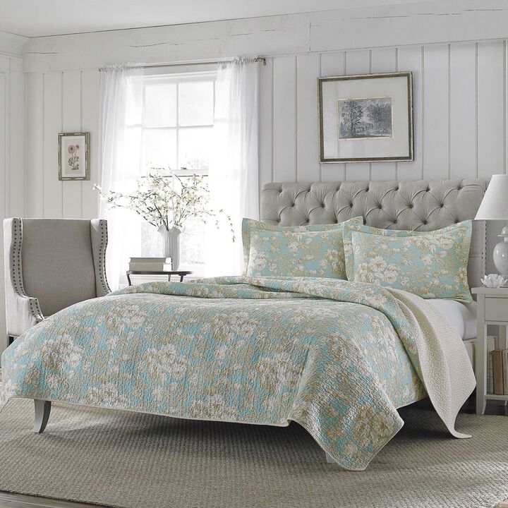 Hivvago King size 3-Piece Reversible Cotton Quilt Set with Seafoam Blue Beige Floral Pattern