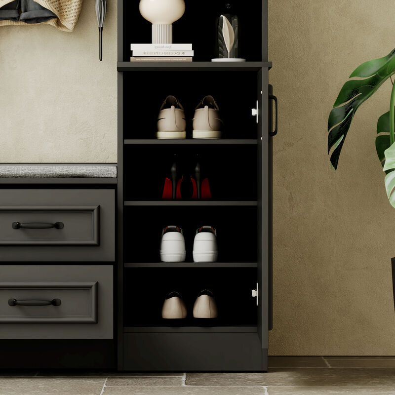 Hall Tree with Bench, 6 Cabinets and 4 Drawers, Entryway Bench with 4 Coat Racks, Entryway Cabinet with 6 Doors and Adjustable Shelves, for Entryway Hallway, 15.7”D x 63”W x 78.7”H, Black