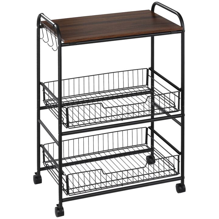 Walnut Kitchen Helper: 3-Tier Mobile Trolley with Basket Drawers