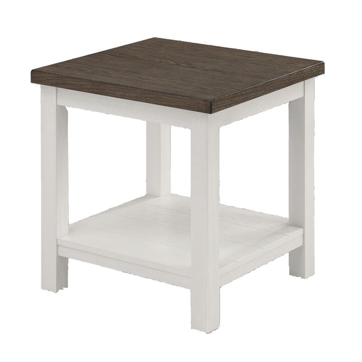 Mon 24 Inch Square End Table, Open Bottom Shelf, Brown Top, White Frame-Benzara