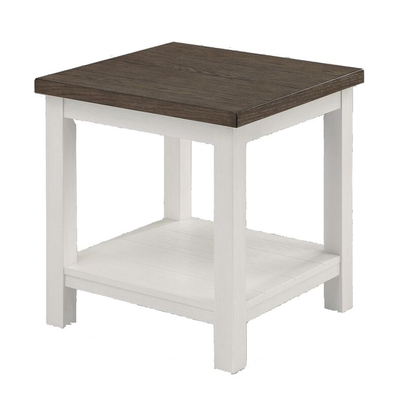Mon 24 Inch Square End Table, Open Bottom Shelf, Brown Top, White Frame-Benzara