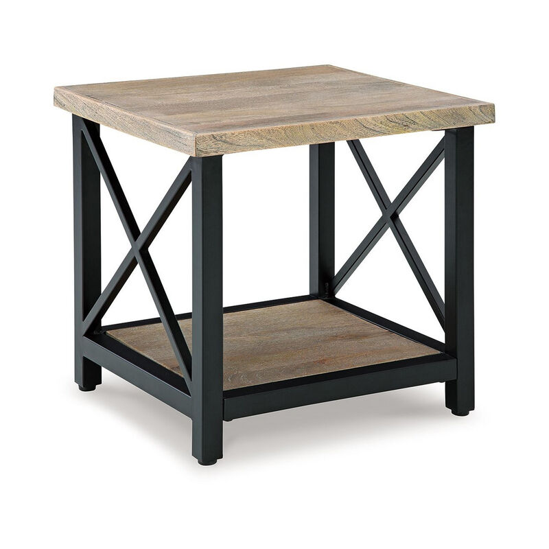 Sten Side End Table, Shelf, Rustic Brown Wood, 24 Inch Black Metal - Benzara