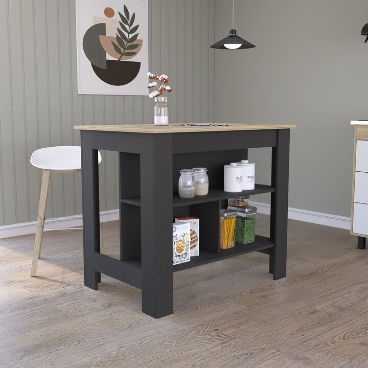 Streamdale Cala Kitchen Island, Four Legs, Three Shelves - Black Light Oak