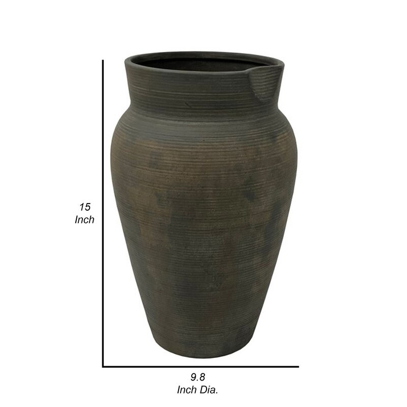 Leyn 15 Inch Antique Flower Vase, Urn Shaped Home Decor Piece, Gray Ceramic - Benzara