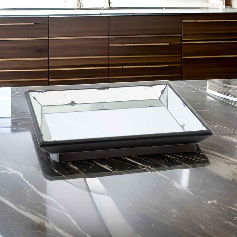 24 Inch Square Decorative Tray with Mirrored Surface, Modern Style, Black-Benzara