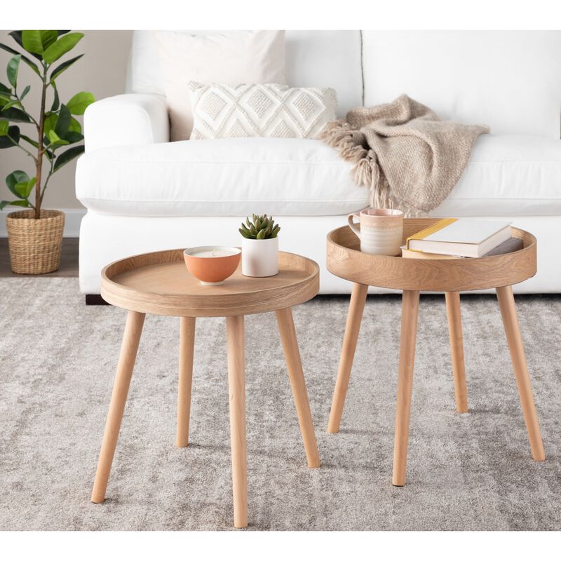 Pebble Mid Century Modern Side Table Set In Natural Wood