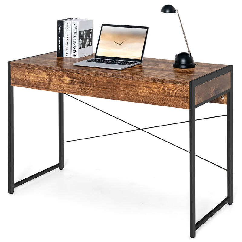 Costway Computer Desk Metal Frame Study Table Home Office Workstation w/2 Drawers Black