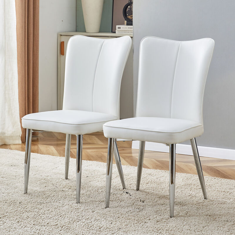 Modern minimalist dining chairs, office chairs. 2piece set of white PU seats with silver metal legs. Suitable for restaurants, living rooms, and offices. C008