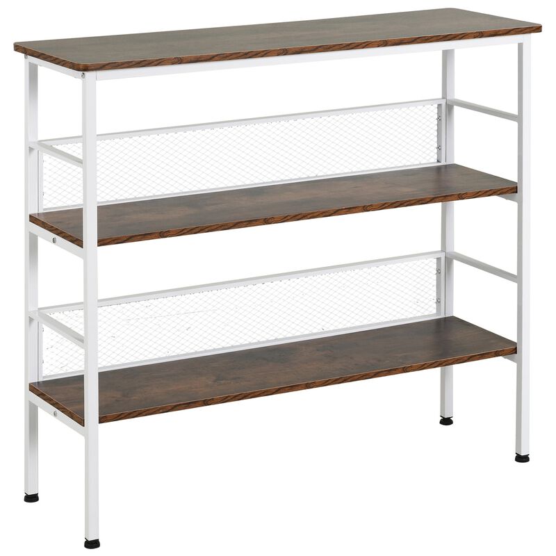 White Modern Console: 3-Tier Metal & Wood Table with Adjustable Feet