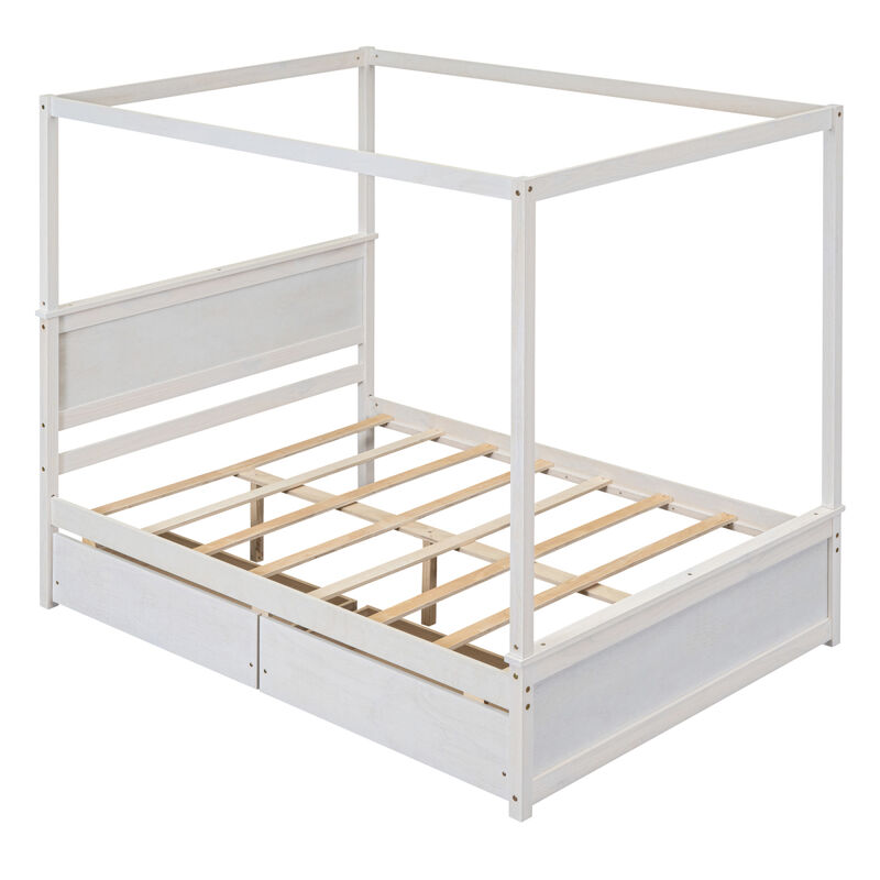 Full-size wood canopy bed with drawers, no box spring needed