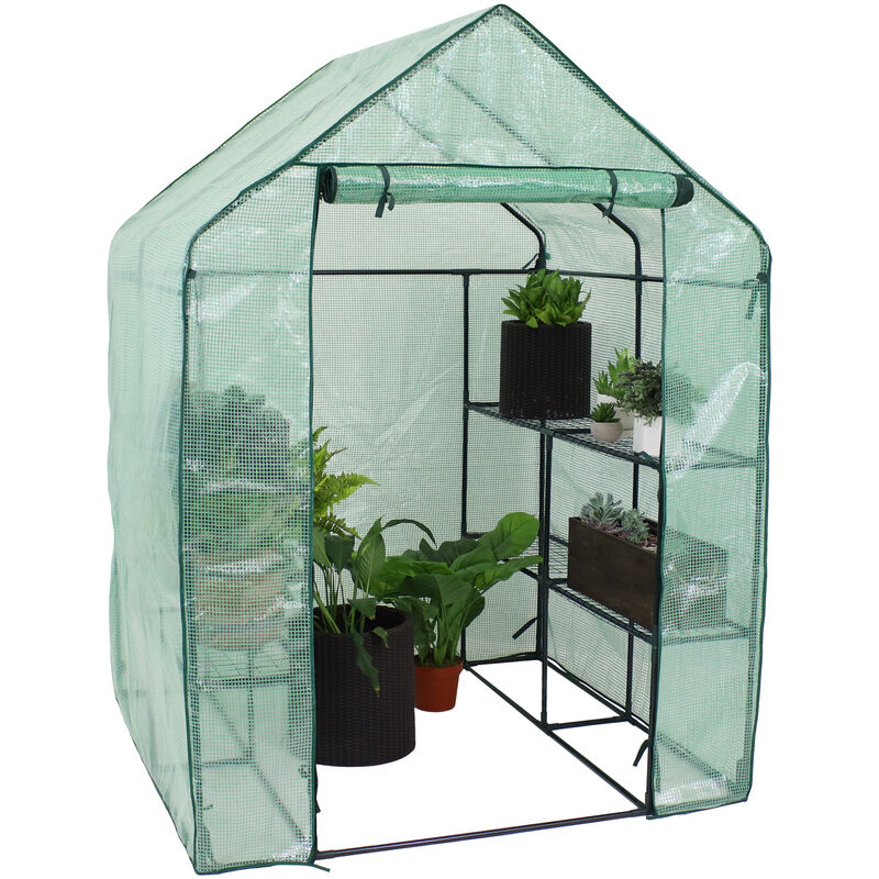 Sunnydaze Large Iron PE Cover Walk-In Greenhouse with 4 Shelves - Green