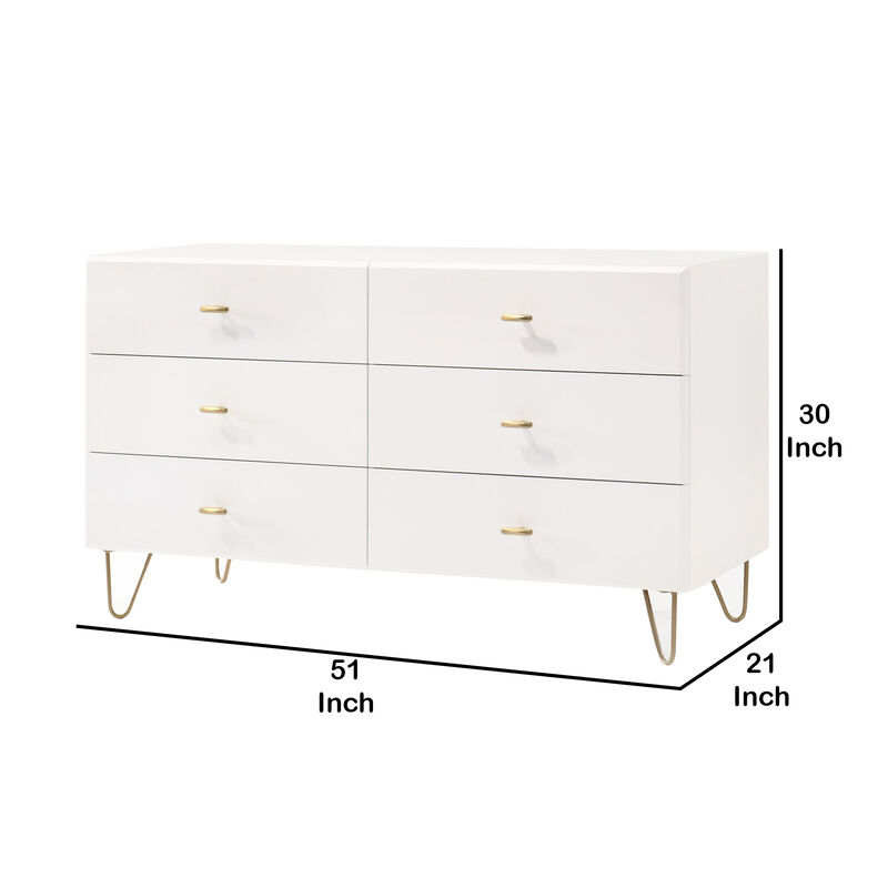6 Drawer Wooden Dresser with Metal Hairpin Legs, White and Gold - Benzara