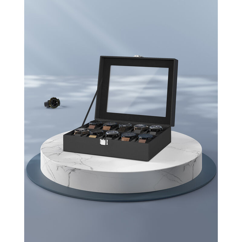 10-Slot Box with Glass Lid Jewelry Holder Case with Removable Pillow