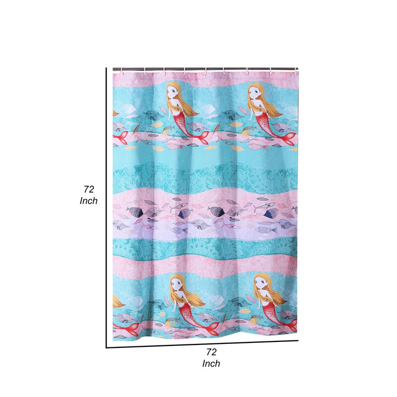 Wini 72 x 72 Inch Shower Curtain, Mermaid Print, Blue, Pink Polyester - Benzara