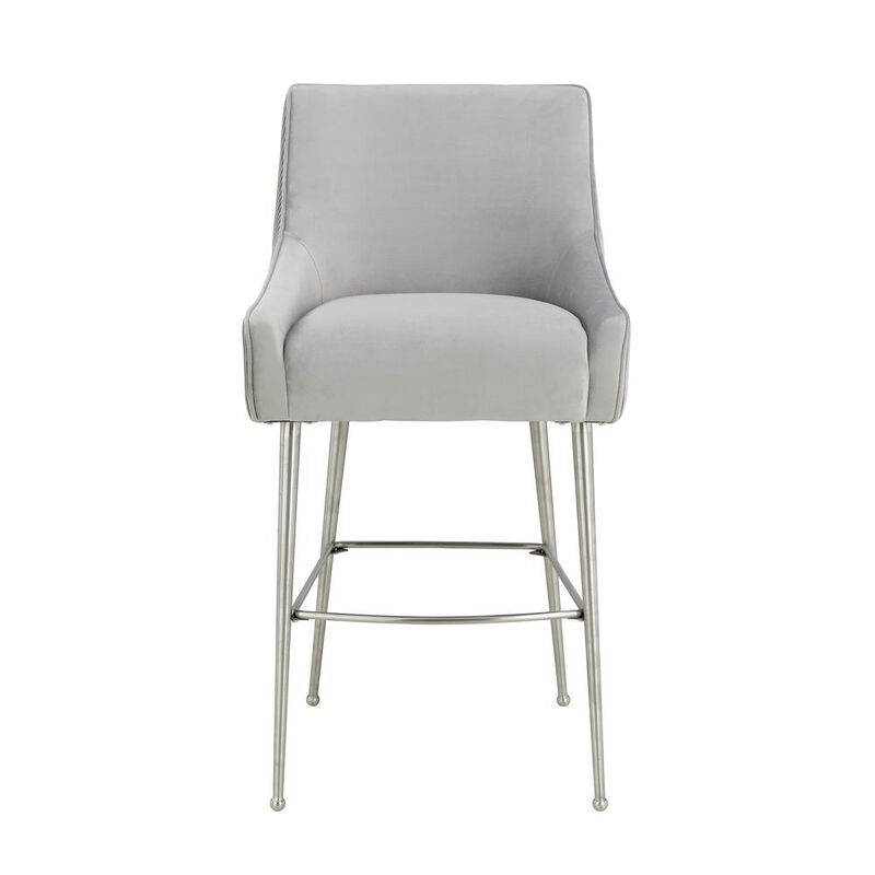 TOV Furniture Beatrix Pleated Light Grey Velvet Bar Stool