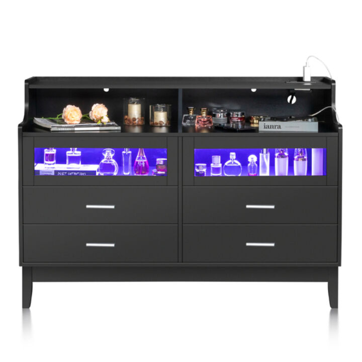 Wood Tempered Glass Drawer Dresser with LED Light Strips & Charging Station & USB Ports Bed Table