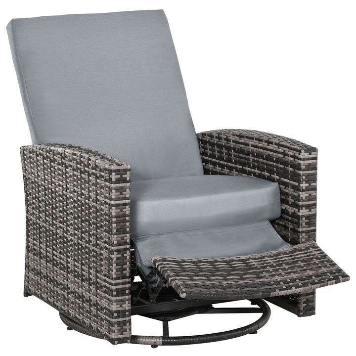 Grey Outdoor Relaxer: Patio Wicker Recliner Swivel Chair with Footrest