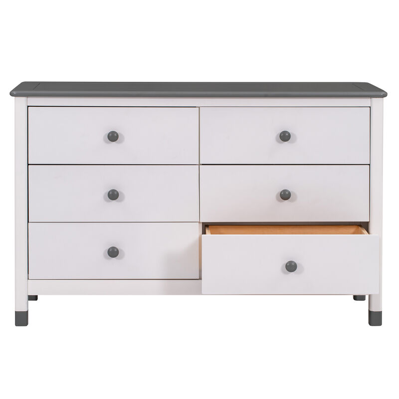 Wooden Storage Dresser With 6 Drawers, Storage Cabinet For Kids Bedroom, White+Gray