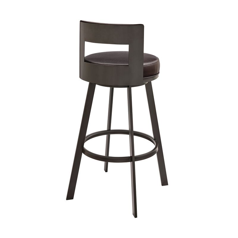 Ami 30 Inch Swivel Barstool Chair, Curved Open Back Brown Faux Leather - Benzara