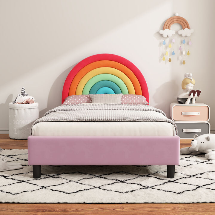 Merax Platform Bed with Rainbow Headboard Princess Kids Bed